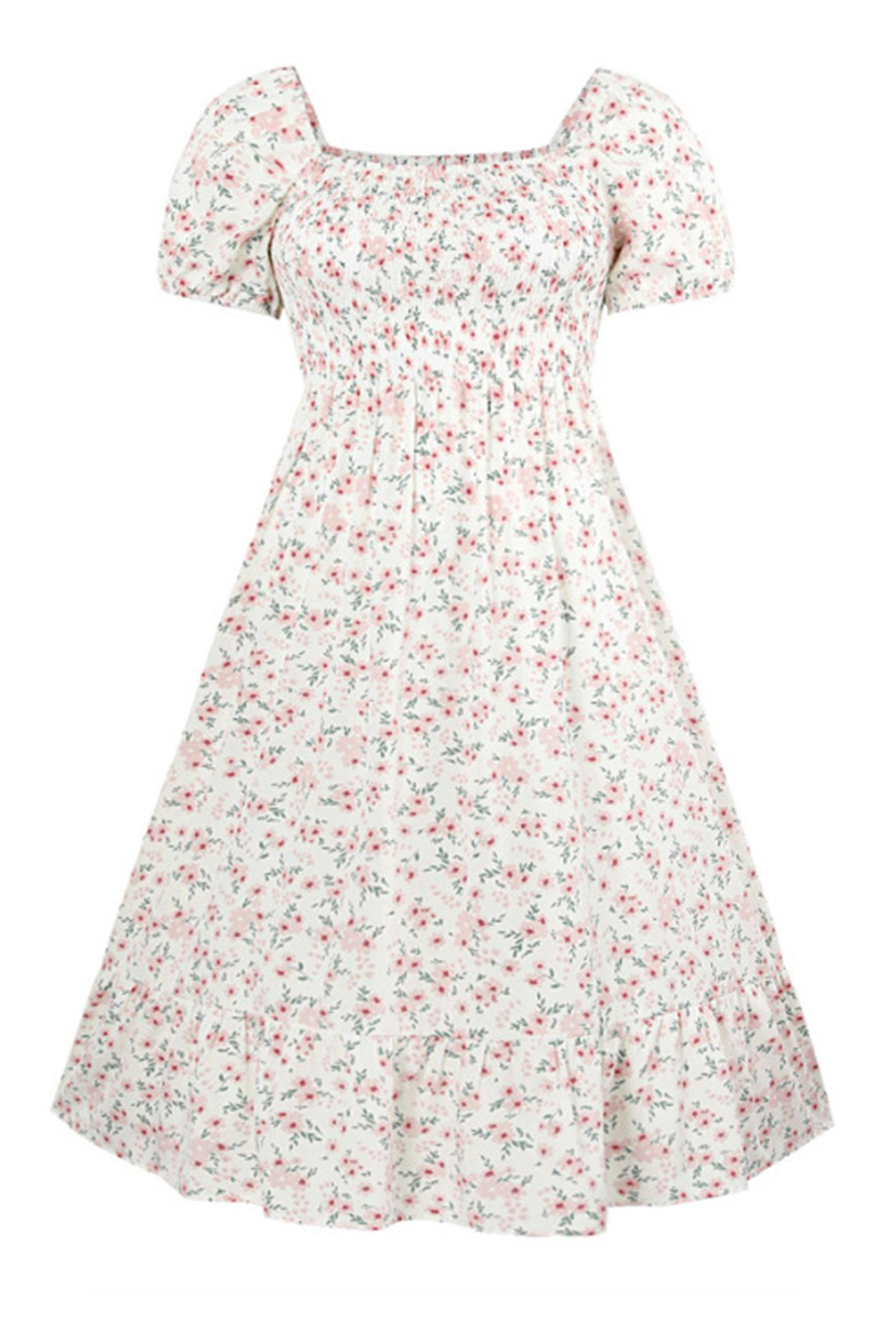 Airy Allover Floral Print Scoop Neck Short Sleeve Pleated Maxi Dress