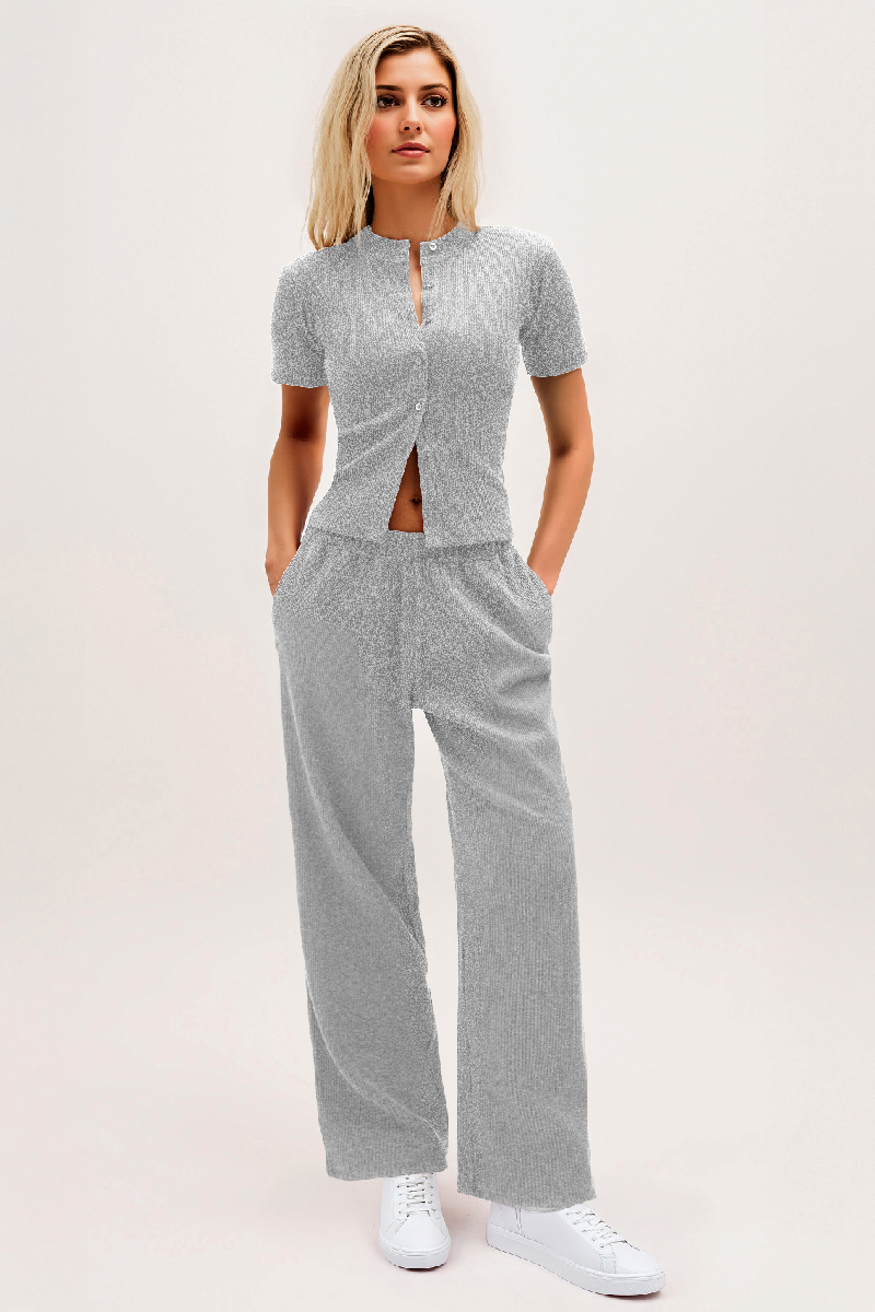 Casual Short Sleeve Button Slim Top & Wide Leg Trousers Co-ord-KATCH ME