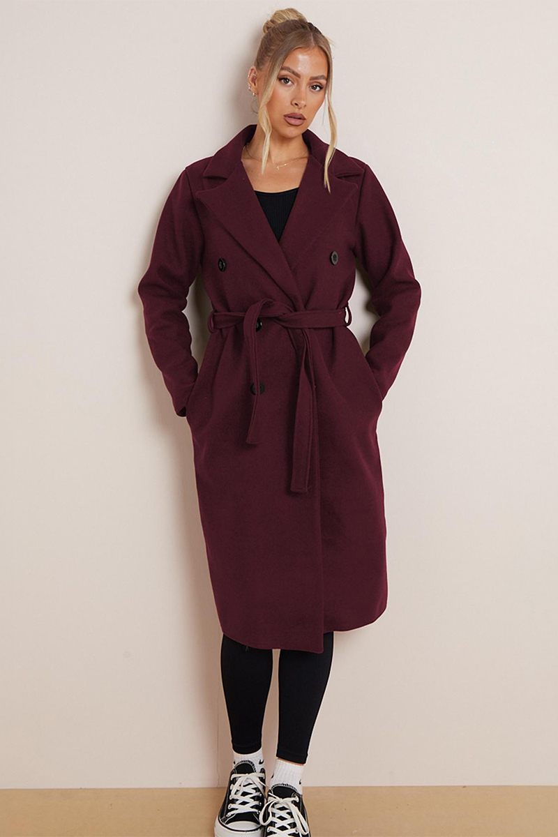 Classy Notch Lapel Double Breasted Waist Tie Thermal Coat