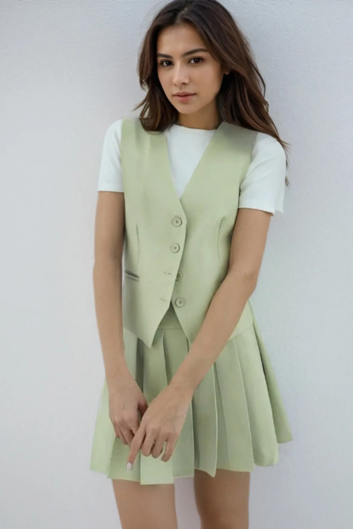 Summer Elegant V Neck Sleeveless Button Tank & Pleated Mini Skirt Co-ord