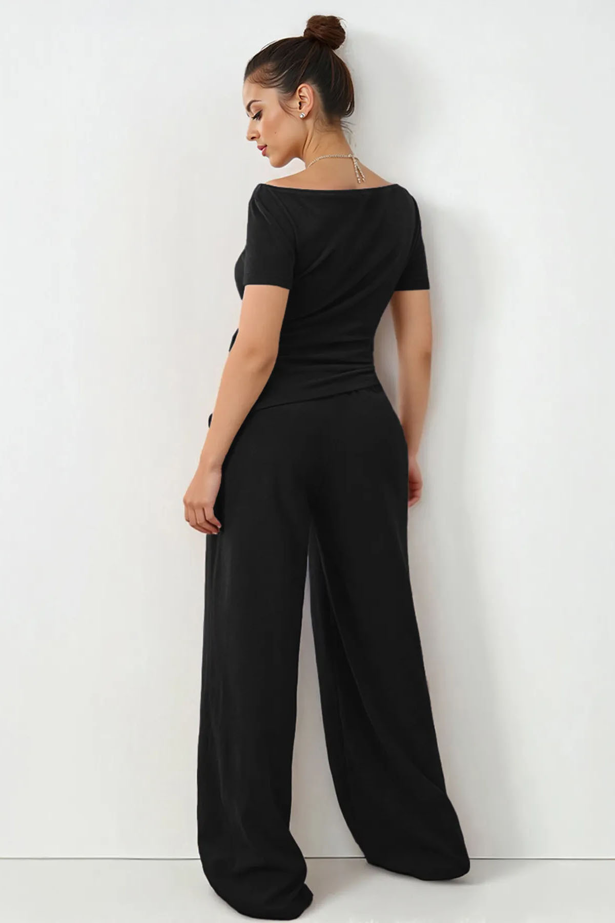 Basic Solid Color Scoop Neck Short Sleeve Slim Top & Wide Leg Pocket Trousers Co-ord