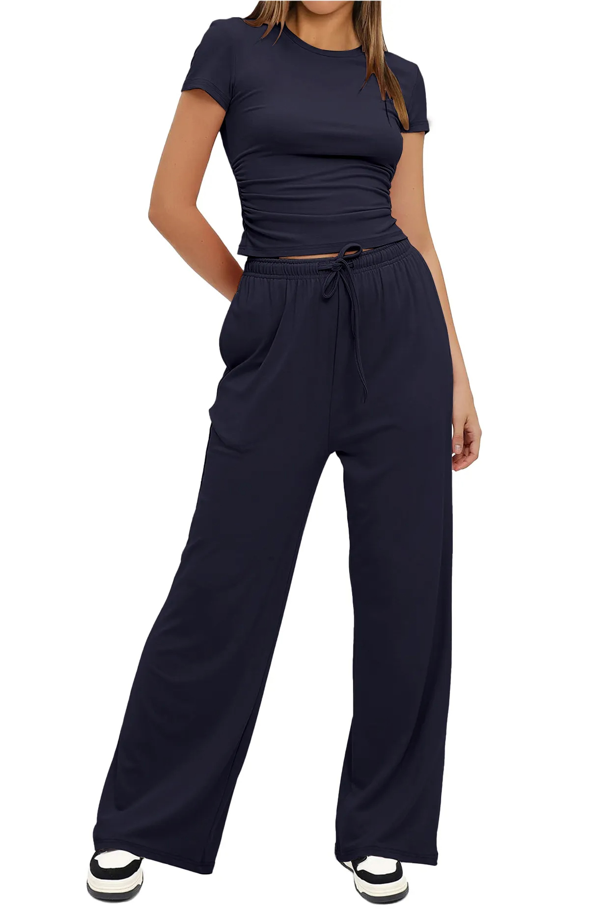 Basic Solid Short Sleeve Slim Top & Wide Leg Trousers Co-ord