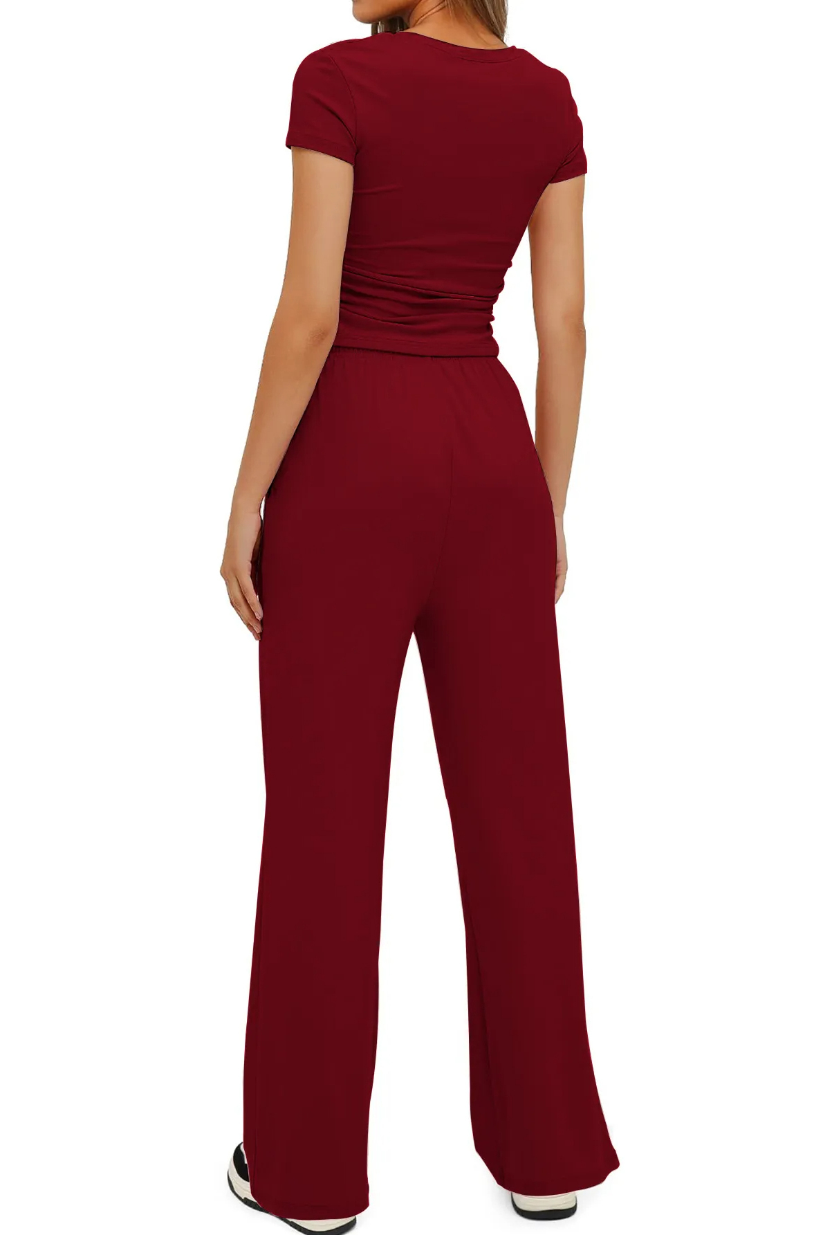 Basic Solid Short Sleeve Slim Top & Wide Leg Trousers Co-ord