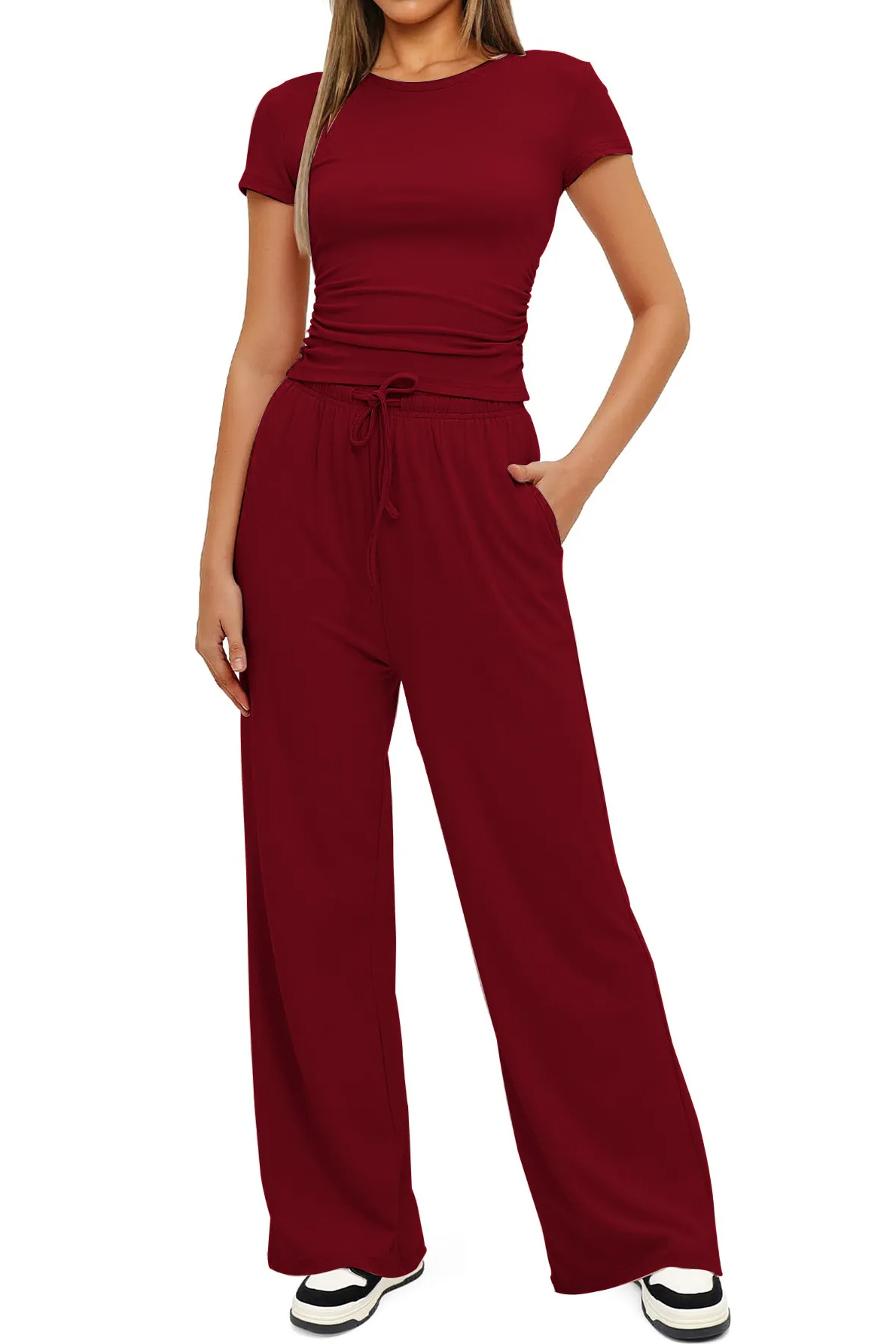 Basic Solid Short Sleeve Slim Top & Wide Leg Trousers Co-ord