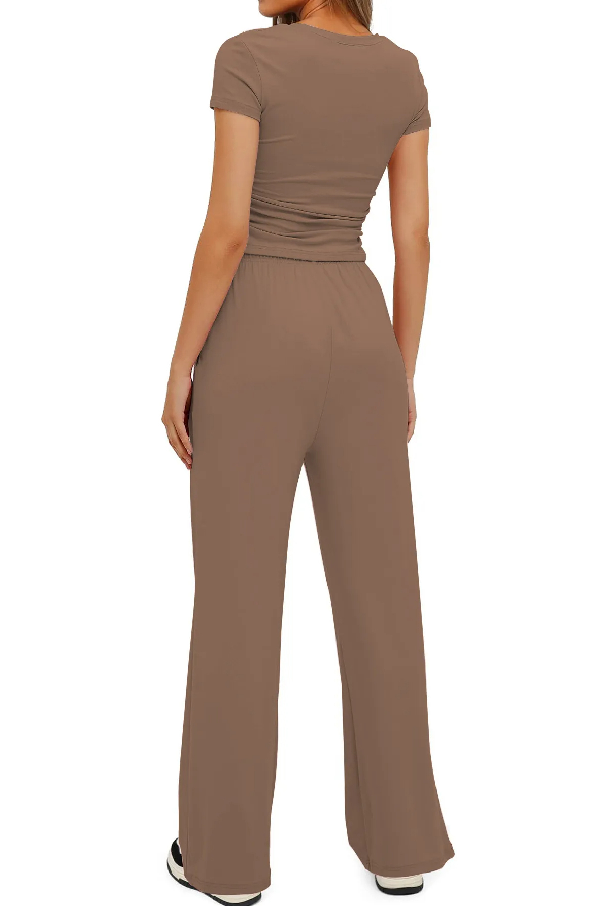 Basic Solid Short Sleeve Slim Top & Wide Leg Trousers Co-ord