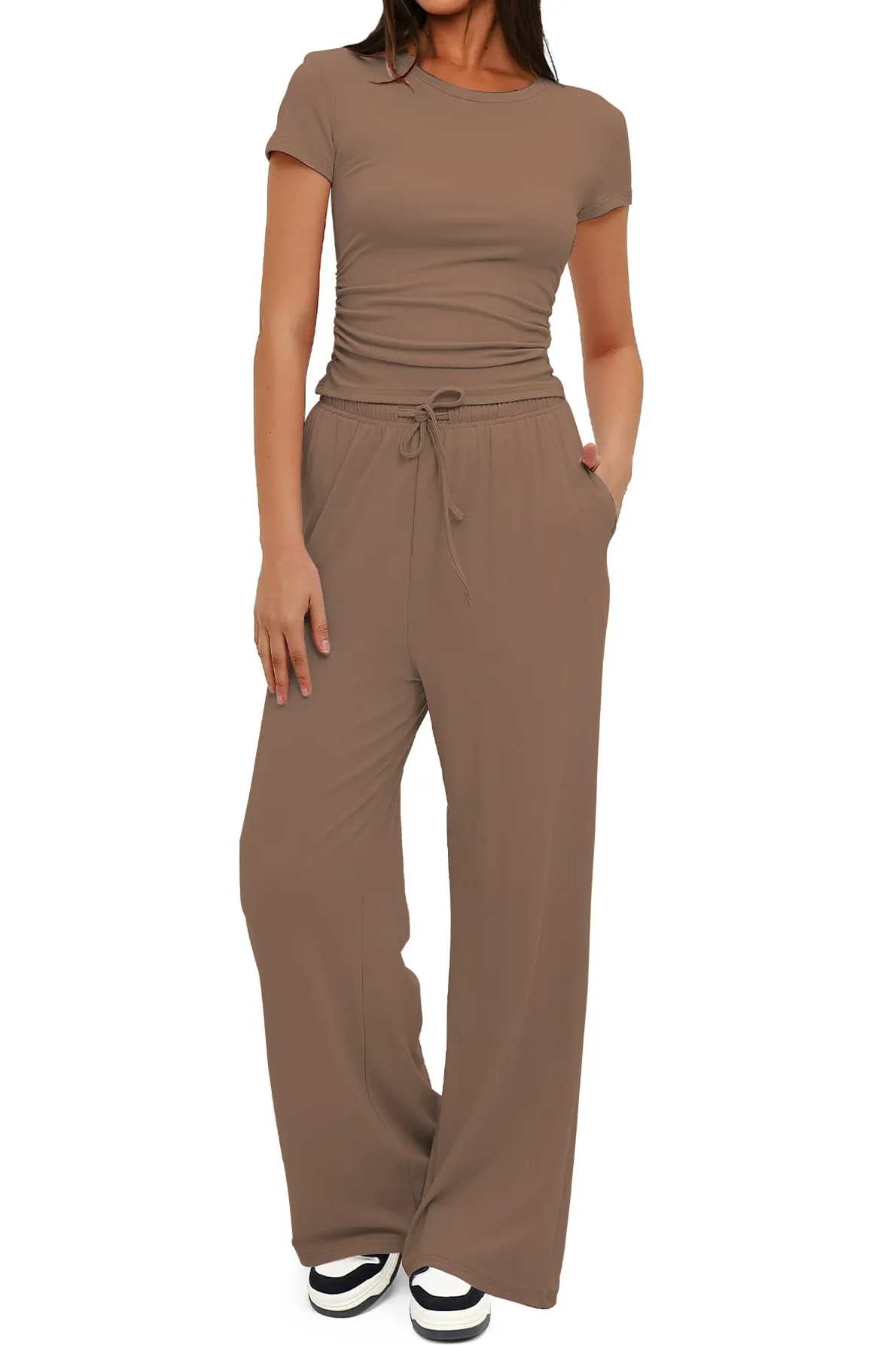 Basic Solid Short Sleeve Slim Top & Wide Leg Trousers Co-ord