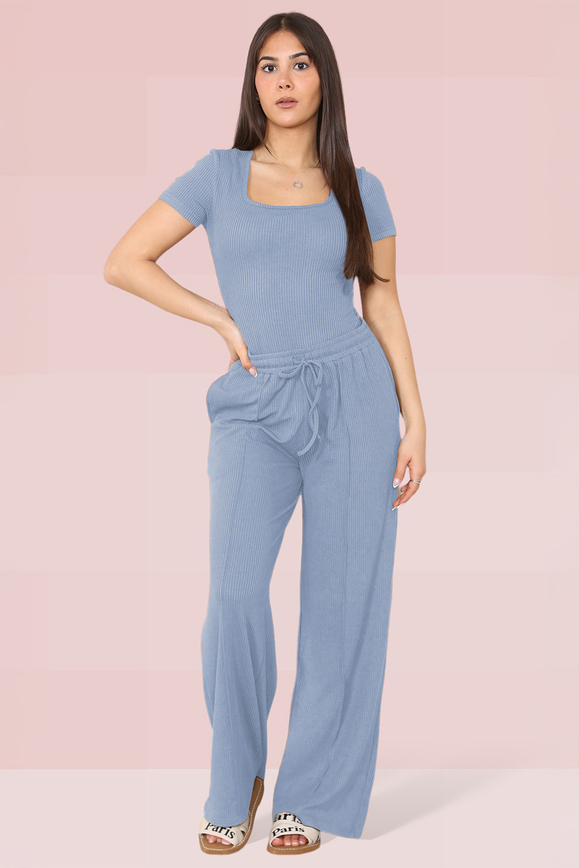 Trendy Square Neck Shaping Bodysuit & Wide Leg Trousers Co-ord