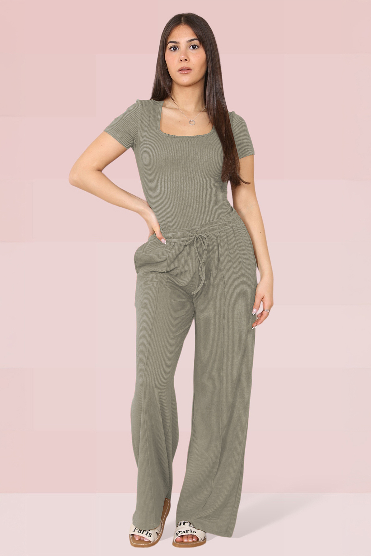 Trendy Square Neck Shaping Bodysuit & Wide Leg Trousers Co-ord
