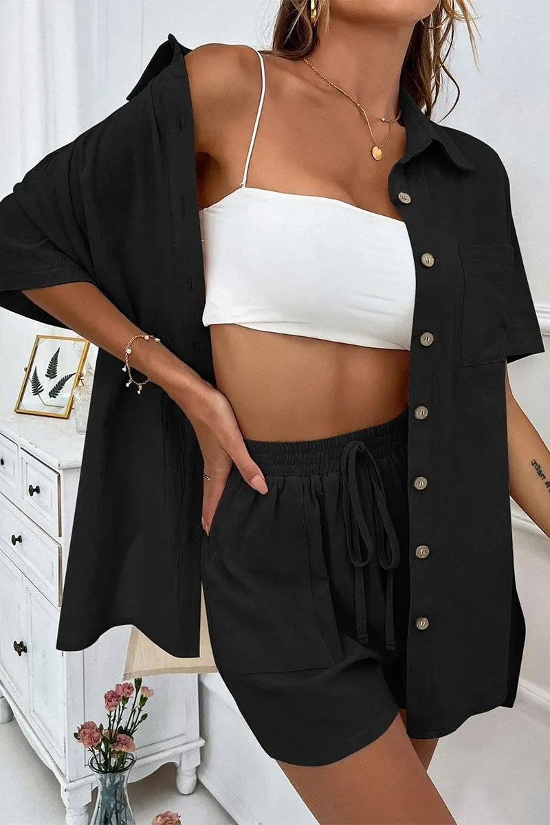 Casual Button Short Sleeve Lightweight Shirt & Drawstring Waist Shorts Co-ord-KATCH ME