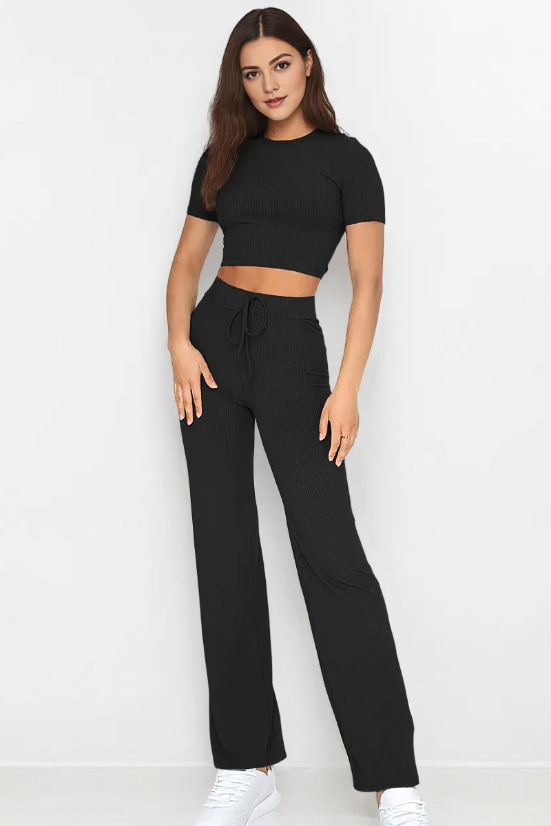 Casual Solid Color Round Neck Short Sleeve Crop Top & Drawstring Waist Wide Leg Trousers Co-ord-KATCH ME