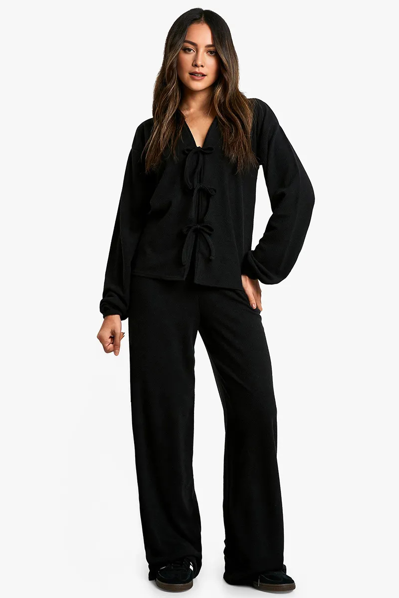Chic Lace-Up Long Sleeve Top & Wide Leg Trousers Co-ord