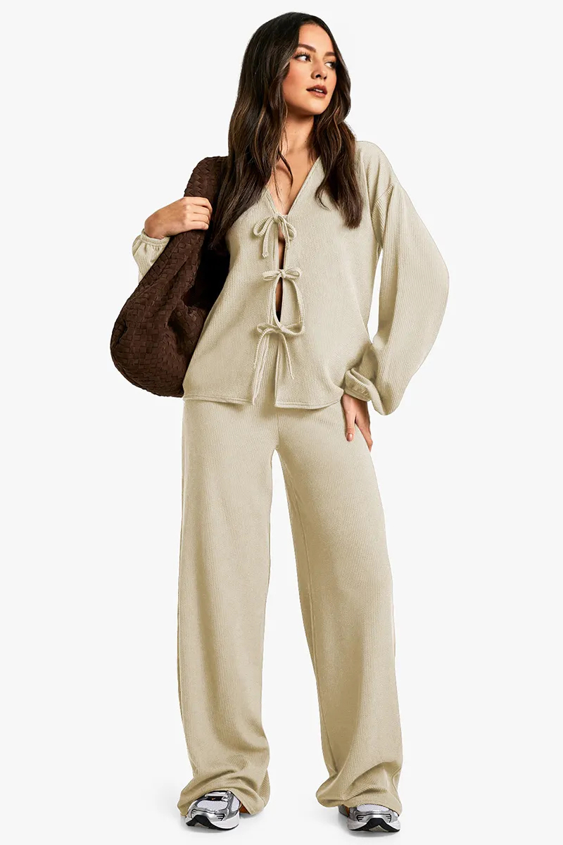 Chic Lace-Up Long Sleeve Top & Wide Leg Trousers Co-ord