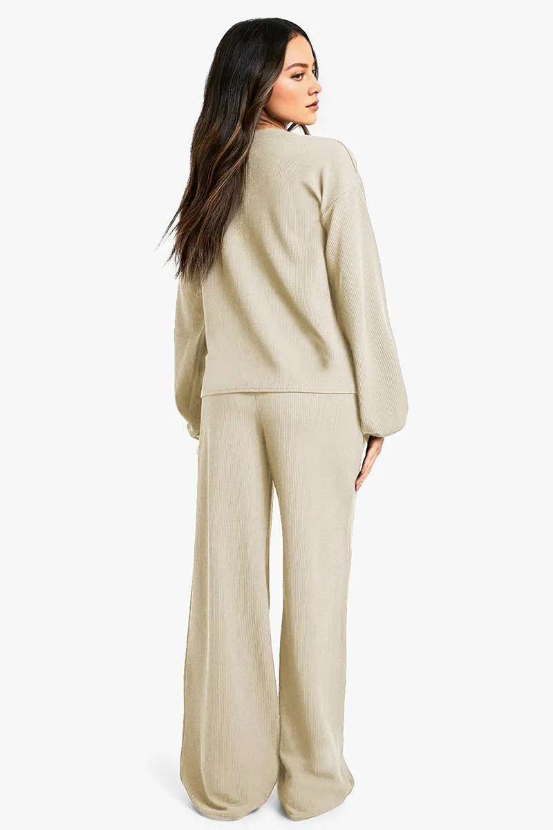 Chic Lace-Up Long Sleeve Top & Wide Leg Trousers Co-ord