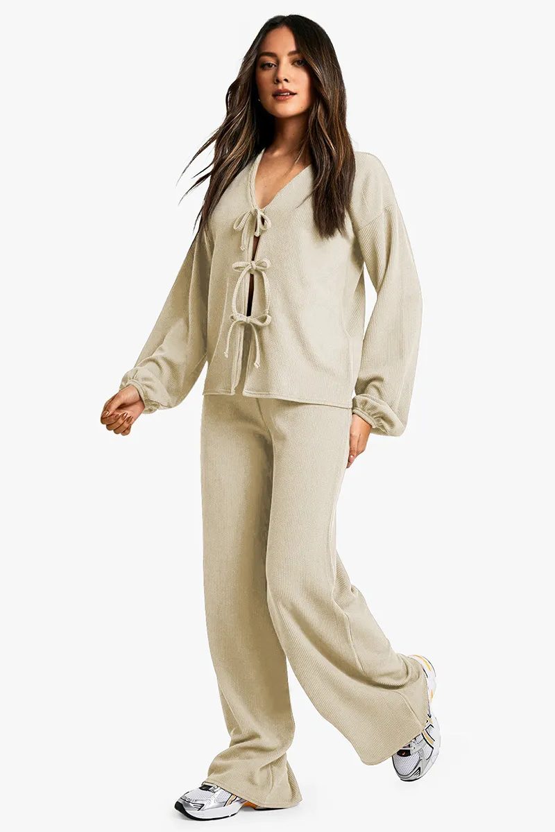 Chic Lace-Up Long Sleeve Top & Wide Leg Trousers Co-ord