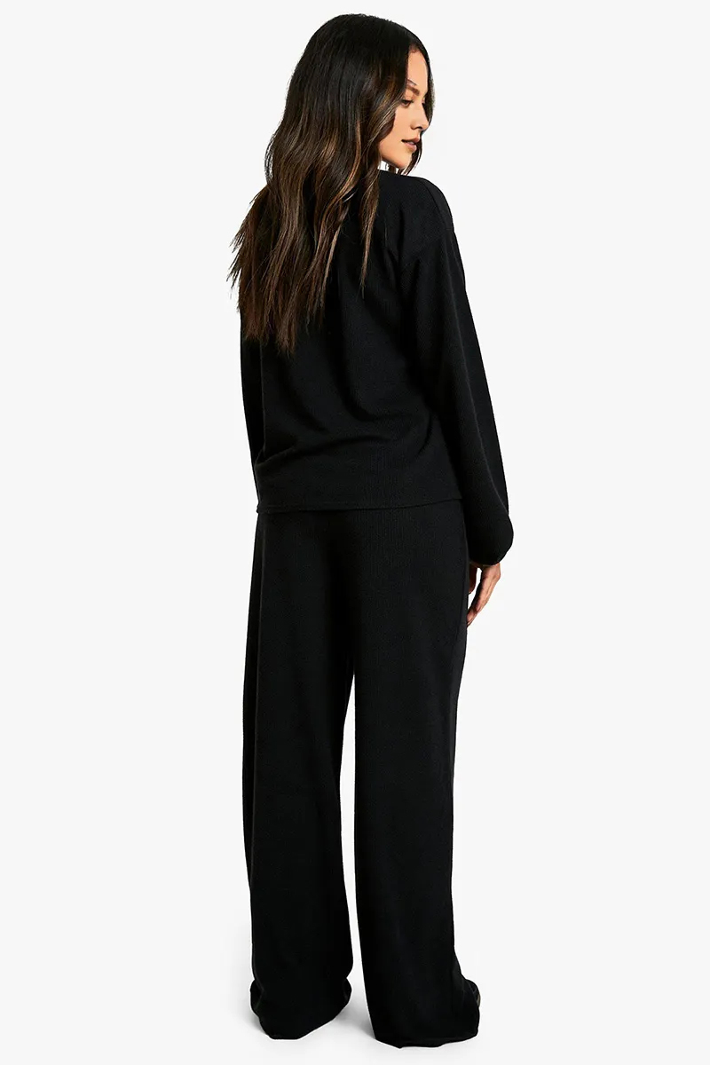 Chic Lace-Up Long Sleeve Top & Wide Leg Trousers Co-ord