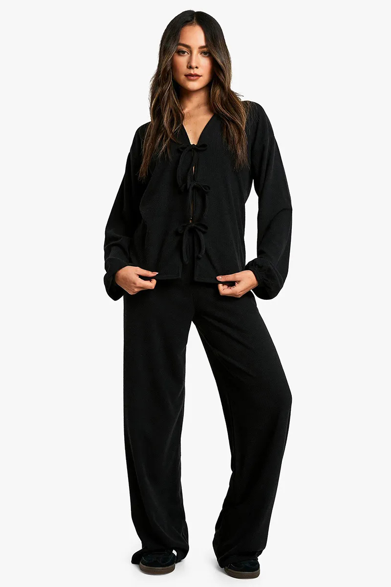 Chic Lace-Up Long Sleeve Top & Wide Leg Trousers Co-ord