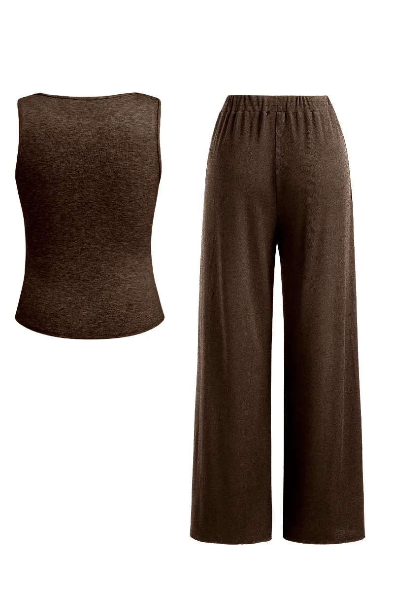 Classy U-Neck Button Decor Tank Top & Wide Leg Trousers with Lace Trim Camisole Three-Piece Set