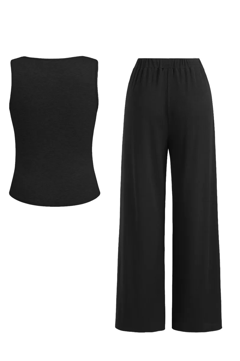 Classy U-Neck Button Decor Tank Top & Wide Leg Trousers with Lace Trim Camisole Three-Piece Set