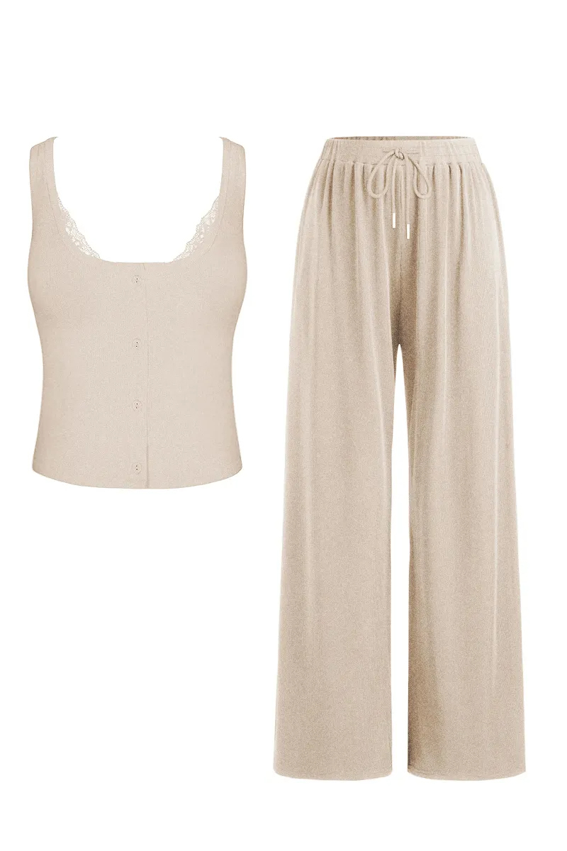 Classy U-Neck Button Decor Tank Top & Wide Leg Trousers with Lace Trim Camisole Three-Piece Set