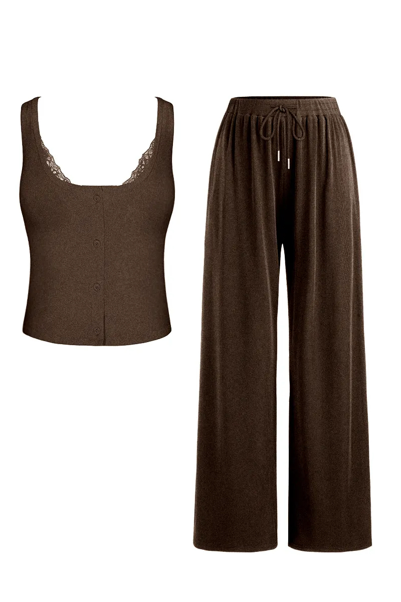 Classy U-Neck Button Decor Tank Top & Wide Leg Trousers with Lace Trim Camisole Three-Piece Set-KATCH ME