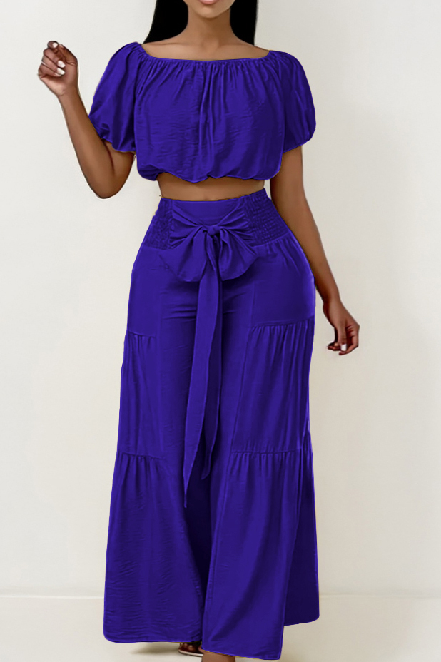 Trendy Scoop Neck Puff Sleeve Crop Top & Knotted Trousers Co-ord
