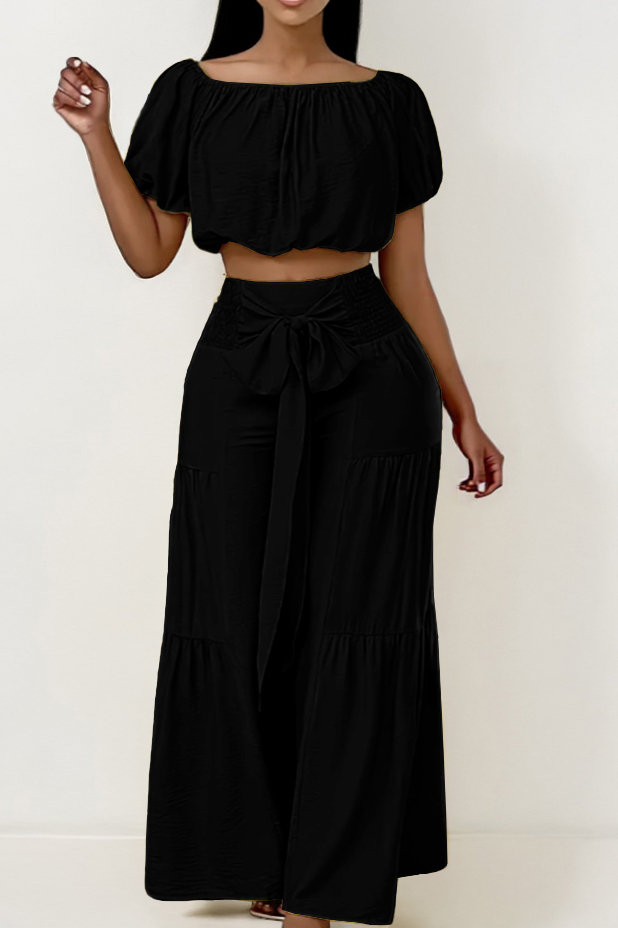 Trendy Scoop Neck Puff Sleeve Crop Top & Knotted Trousers Co-ord