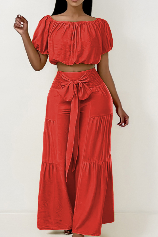 Trendy Scoop Neck Puff Sleeve Crop Top & Knotted Trousers Co-ord