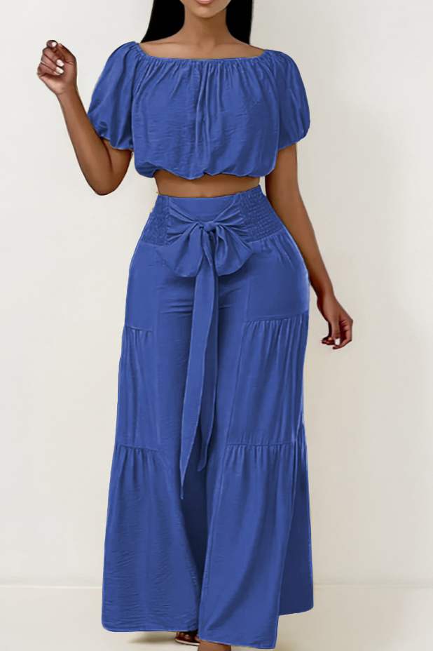 Trendy Scoop Neck Puff Sleeve Crop Top & Knotted Trousers Co-ord