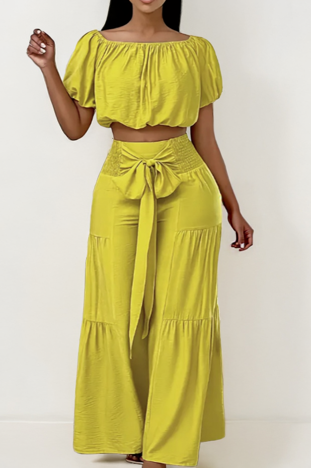 Trendy Scoop Neck Puff Sleeve Crop Top & Knotted Trousers Co-ord
