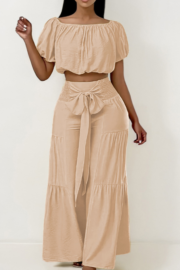 Trendy Scoop Neck Puff Sleeve Crop Top & Knotted Trousers Co-ord
