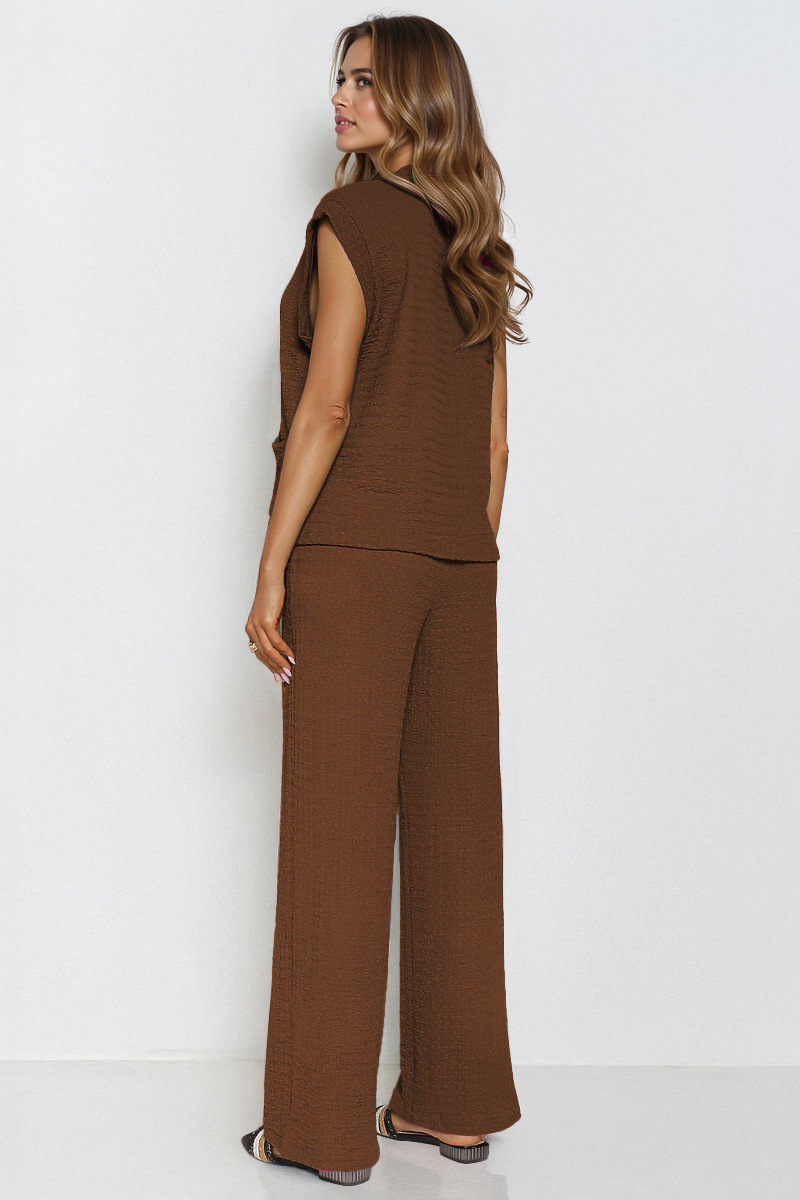 Versatile V Neck Gold-Toned Button Decor Loose Tank Top & Wide Leg Trousers Co-ord