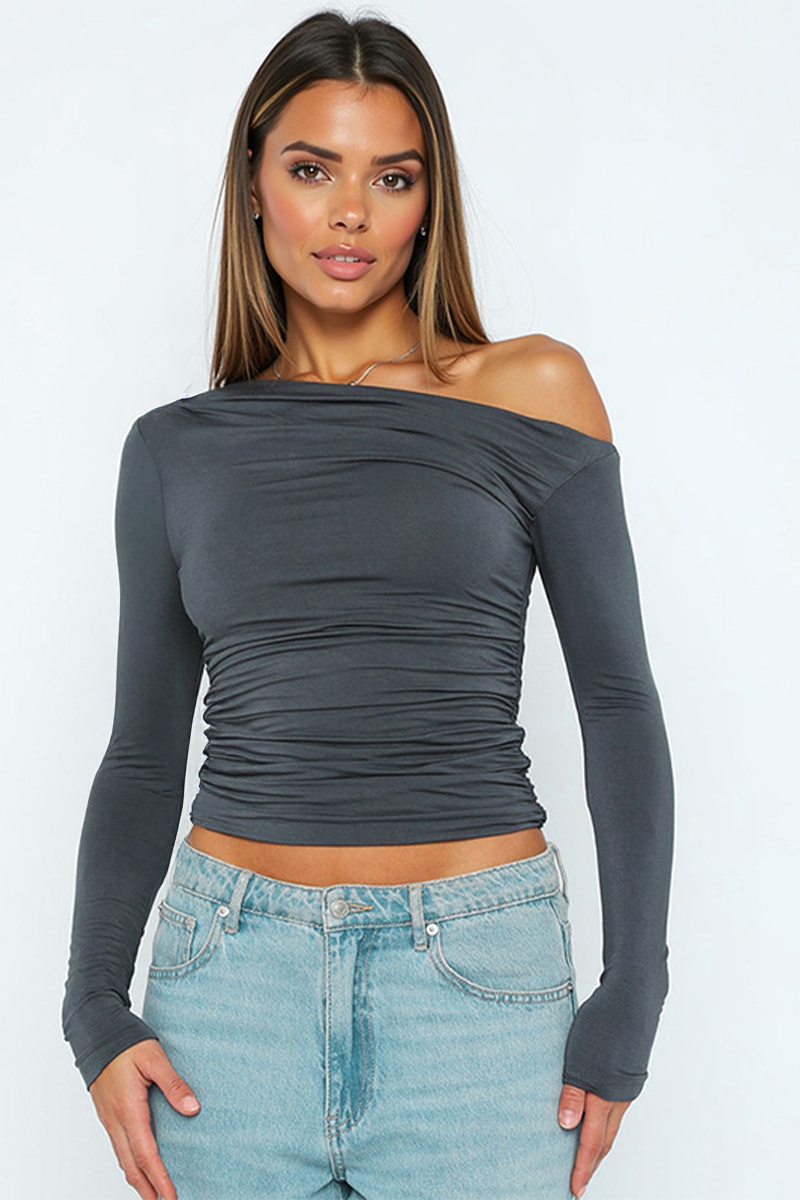 Elegant Sloping Shoulder Long Sleeve Shirred Slim Top-KATCH ME