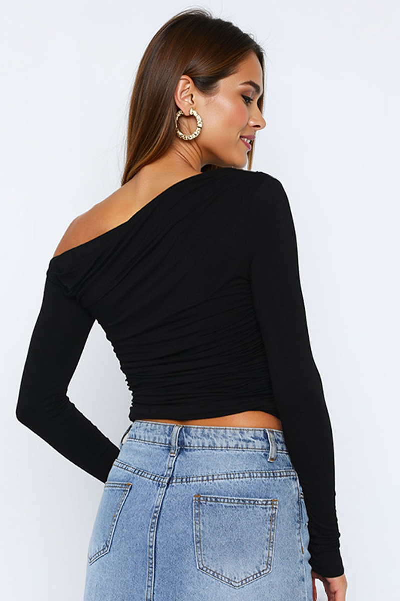 Elegant Sloping Shoulder Long Sleeve Shirred Slim Top-KATCH ME