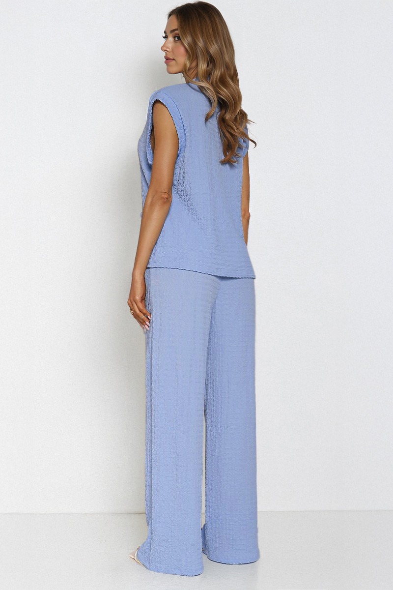Versatile V Neck Gold-Toned Button Decor Loose Tank Top & Wide Leg Trousers Co-ord