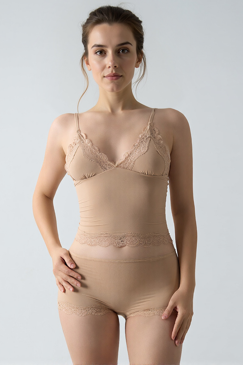 Sexy Thin Strap Lace Trim Slim Camisole & Panties Co-ord