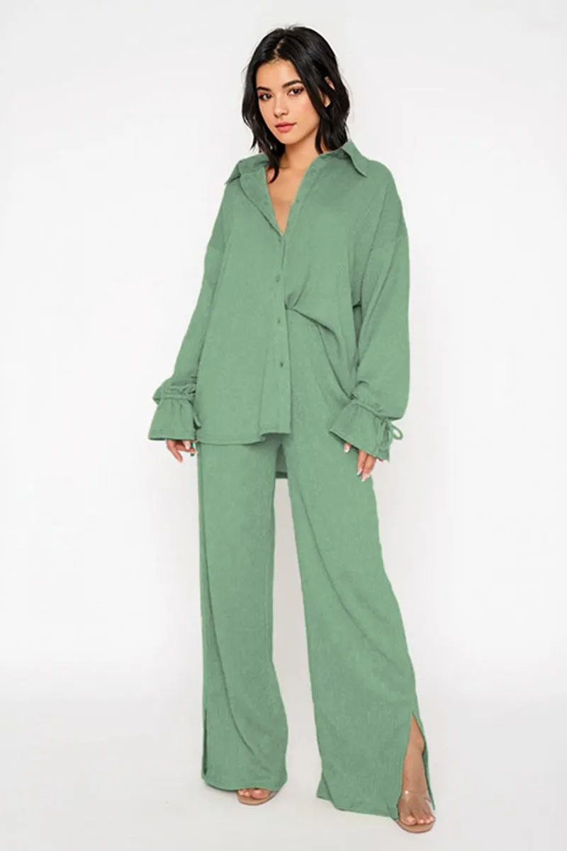 Commuter Solid Collared Tie-Up Long Sleeve Button Shirt & Wide Leg Trousers Co-ord