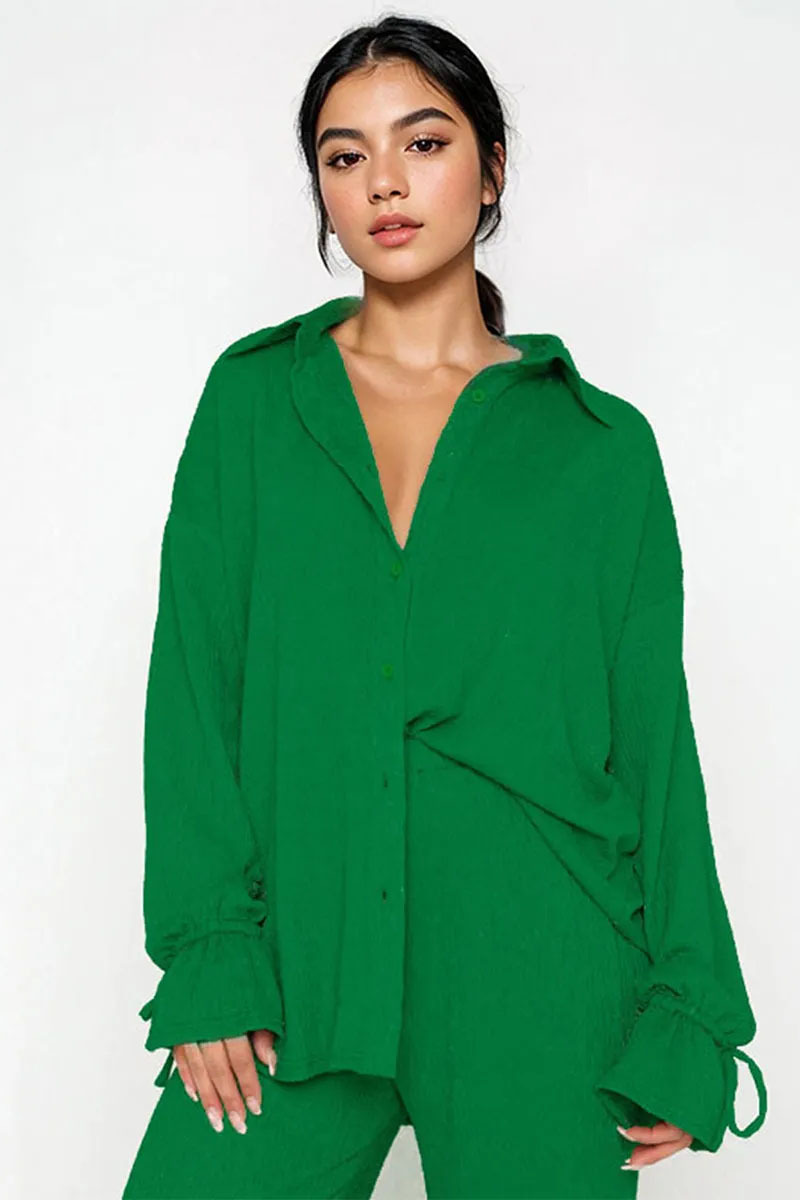 Commuter Solid Collared Tie-Up Long Sleeve Button Shirt & Wide Leg Trousers Co-ord