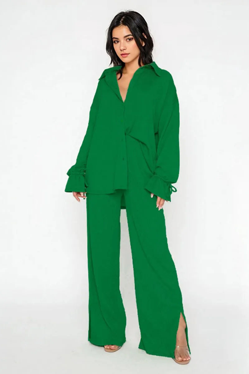 Commuter Solid Collared Tie-Up Long Sleeve Button Shirt & Wide Leg Trousers Co-ord