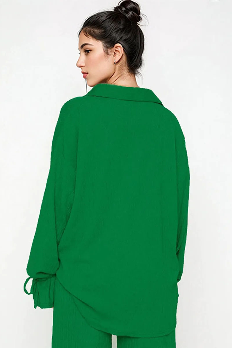 Commuter Solid Collared Tie-Up Long Sleeve Button Shirt & Wide Leg Trousers Co-ord