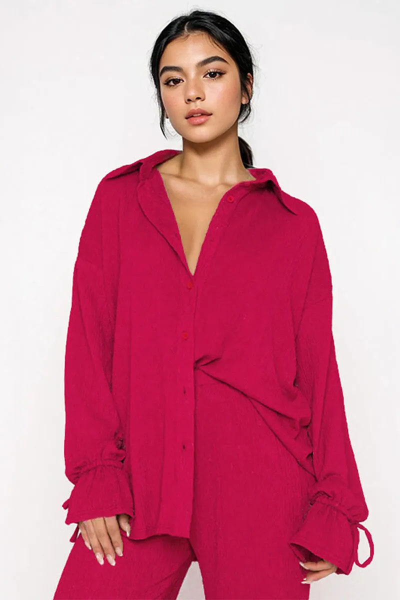 Commuter Solid Collared Tie-Up Long Sleeve Button Shirt & Wide Leg Trousers Co-ord