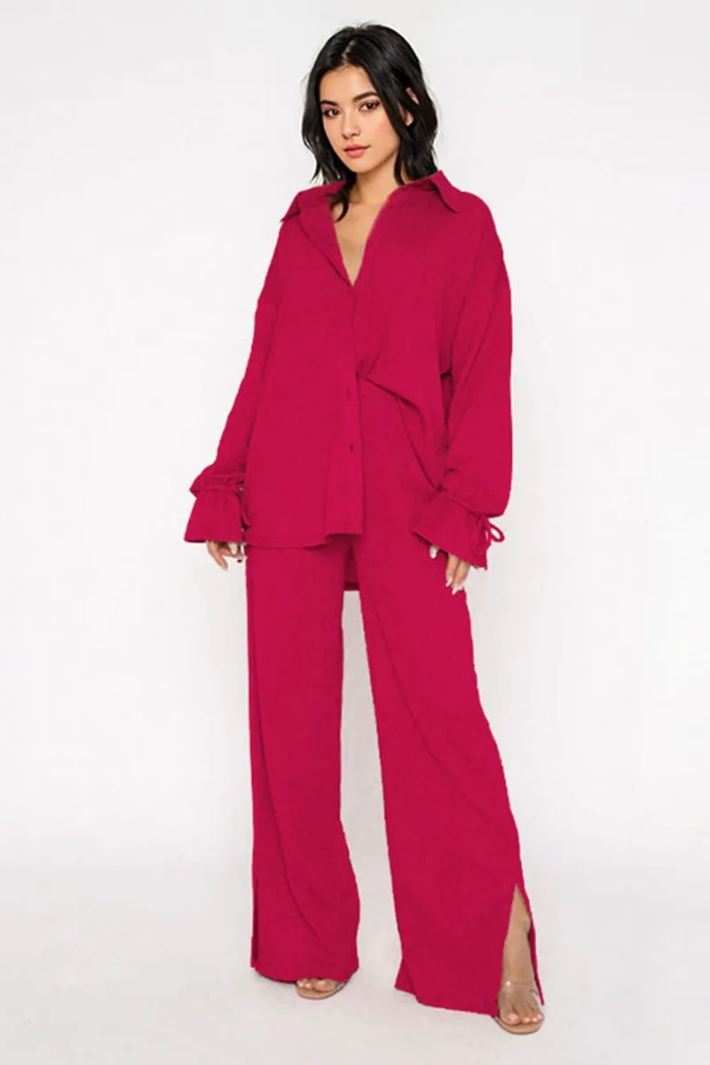 Commuter Solid Collared Tie-Up Long Sleeve Button Shirt & Wide Leg Trousers Co-ord