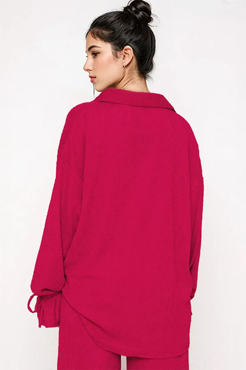 Commuter Solid Collared Tie-Up Long Sleeve Button Shirt & Wide Leg Trousers Co-ord