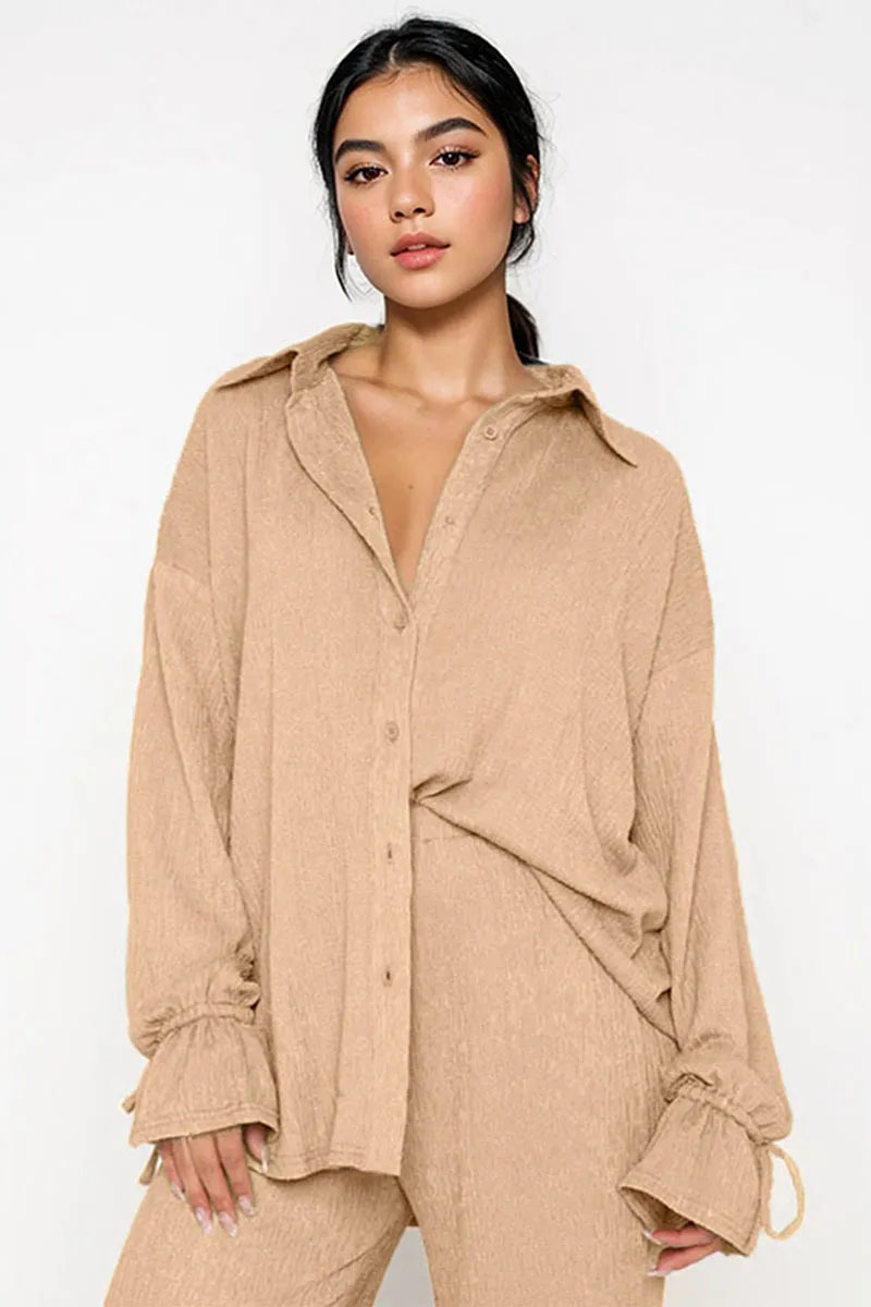 Commuter Solid Collared Tie-Up Long Sleeve Button Shirt & Wide Leg Trousers Co-ord