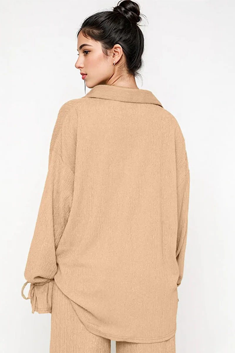 Commuter Solid Collared Tie-Up Long Sleeve Button Shirt & Wide Leg Trousers Co-ord