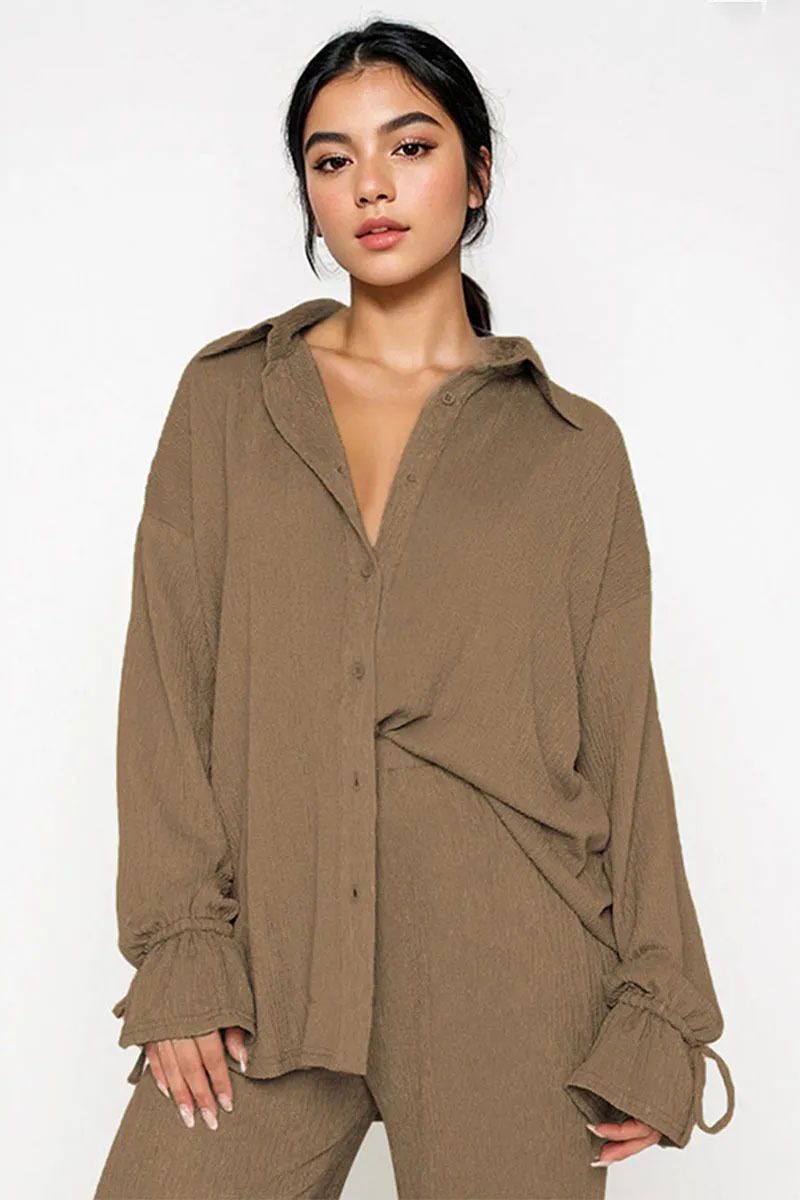 Commuter Solid Collared Tie-Up Long Sleeve Button Shirt & Wide Leg Trousers Co-ord