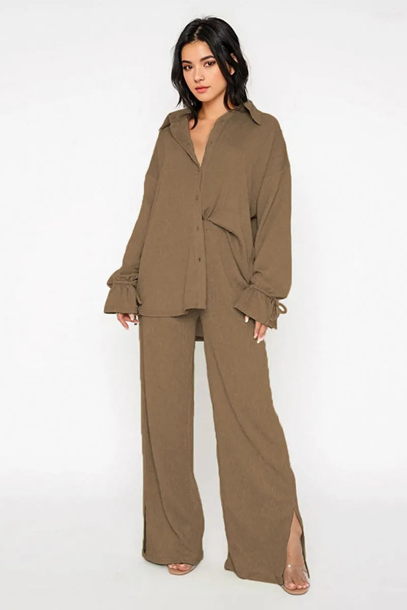 Commuter Solid Collared Tie-Up Long Sleeve Button Shirt & Wide Leg Trousers Co-ord