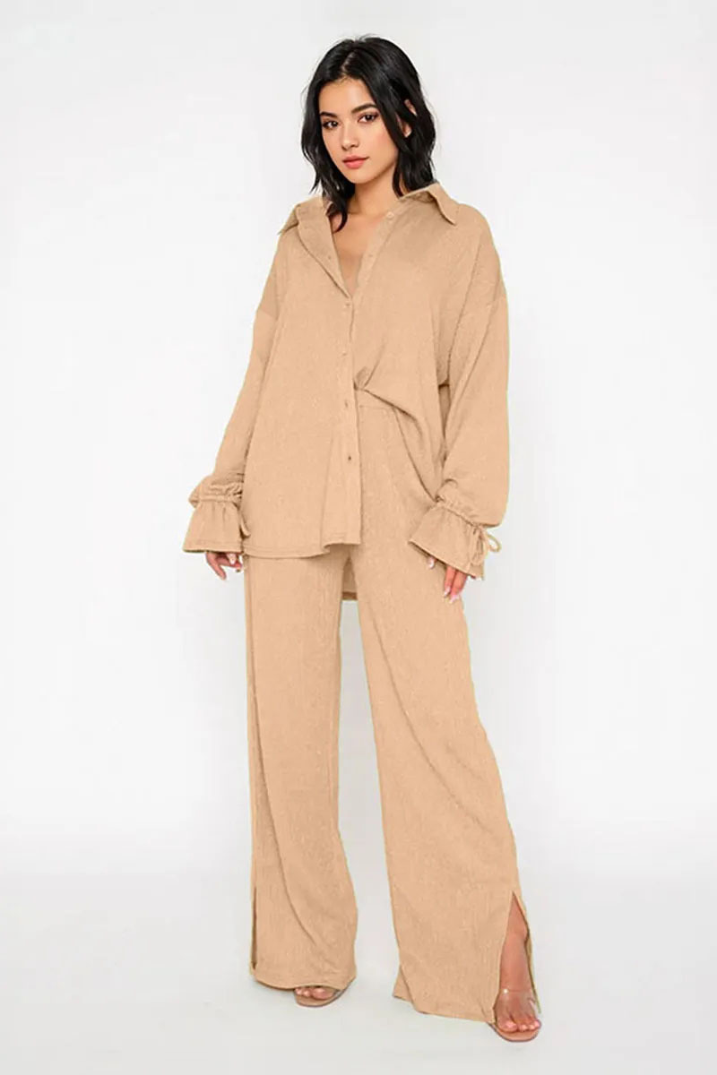 Commuter Solid Collared Tie-Up Long Sleeve Button Shirt & Wide Leg Trousers Co-ord