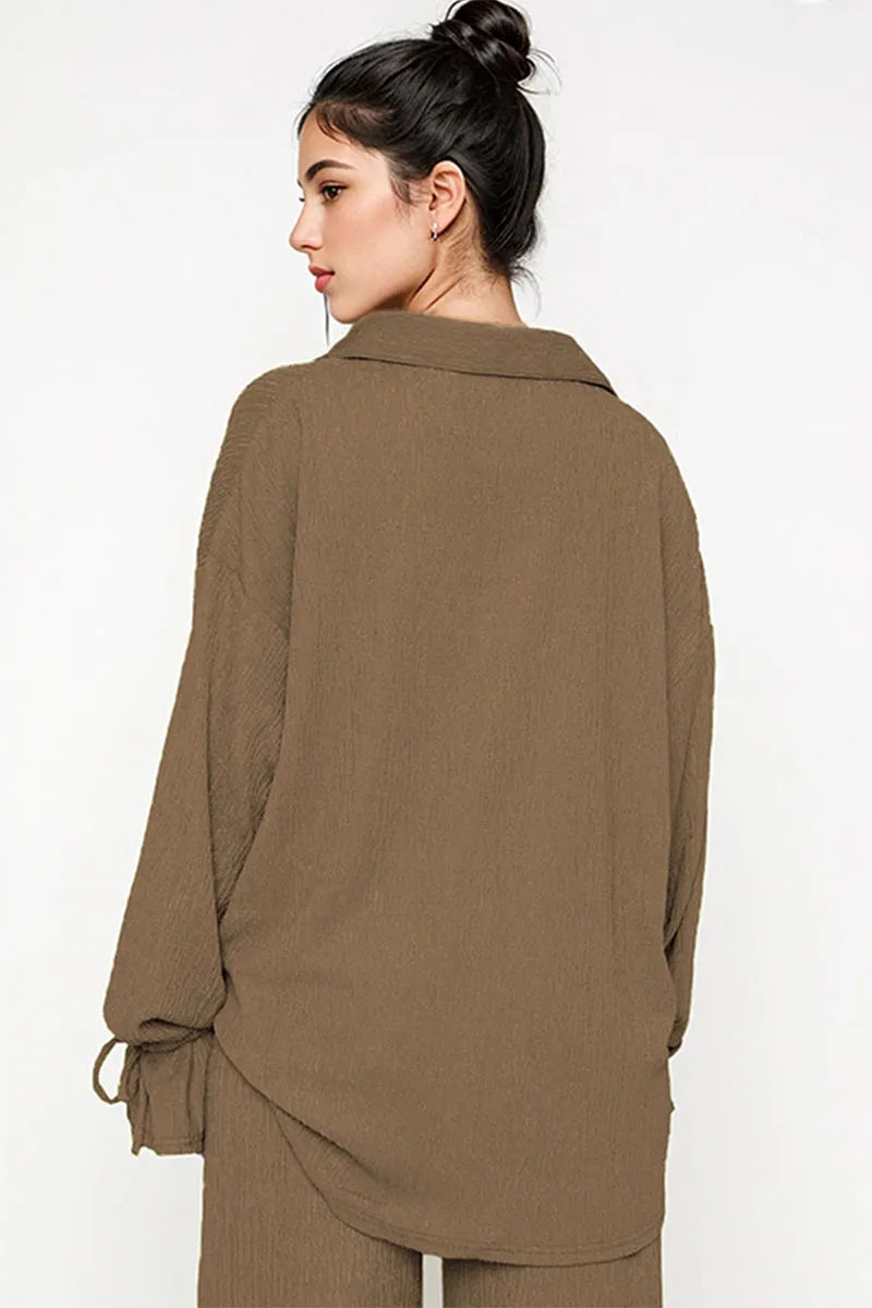 Commuter Solid Collared Tie-Up Long Sleeve Button Shirt & Wide Leg Trousers Co-ord