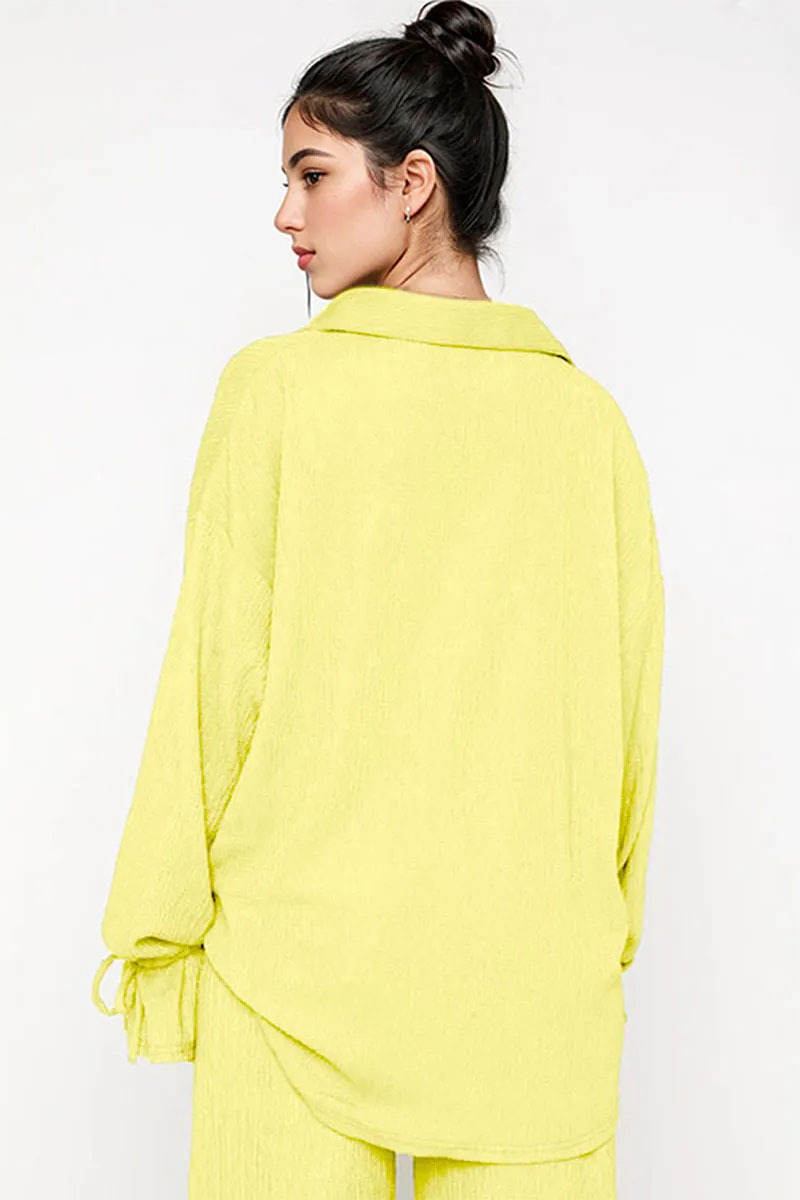 Commuter Solid Collared Tie-Up Long Sleeve Button Shirt & Wide Leg Trousers Co-ord