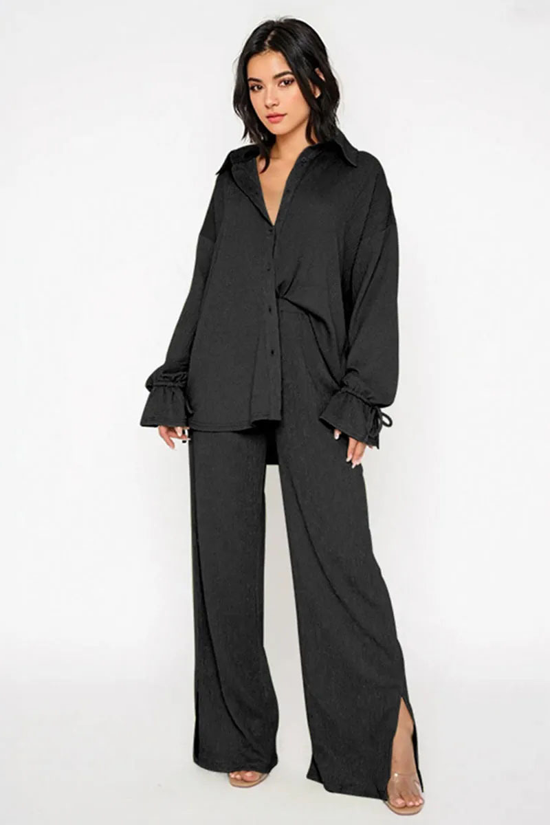 Commuter Solid Collared Tie-Up Long Sleeve Button Shirt & Wide Leg Trousers Co-ord